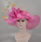 Hot Pink w Orange Green  Feather Flower Kentucky Derby Hat, Church Hat, Wedding Hat, Easter Hat, Tea Party Hat Wide Brim  Sinamay  Hat