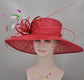 Red Sinamay Wide Brim Hat: Kentucky Derby Feather Church Hat