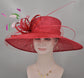 Red Sinamay Wide Brim Hat: Kentucky Derby Feather Church Hat