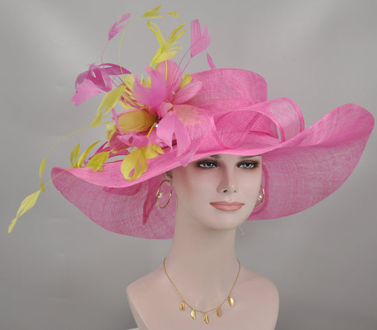 Hot Pink Feather Flower Derby Hat: Rhinestone Tea Party Hat