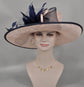 Dusty Pink Sinamay Kentucky Derby Hat: Navy Feather Flower Wide Brim