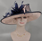 Dusty Pink Sinamay Kentucky Derby Hat: Navy Feather Flower Wide Brim