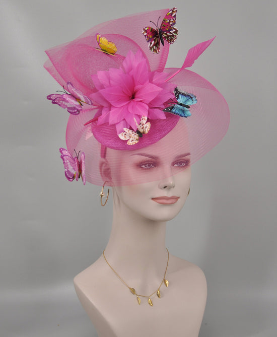 Kentucky Derby Fascinator Hat: Hot Pink Floral Organza, Butterflies