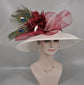 Wide Brim Sinamay Kentucky Derby Hat: Ivory & Burgundy Peacock Feathers
