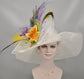 Wide Brim Sinamay Derby Hat: Lily, Silk Flower & Peacock Feathers
