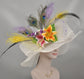 Wide Brim Sinamay Derby Hat: Lily, Silk Flower & Peacock Feathers