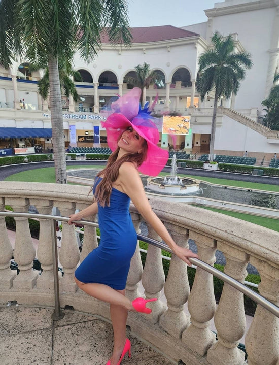 Hot Pink Sinamay Derby Hat: Royal Blue Bow Feather Flowers