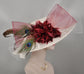 Wide Brim Sinamay Kentucky Derby Hat: Ivory, Burgundy Feather Flowers