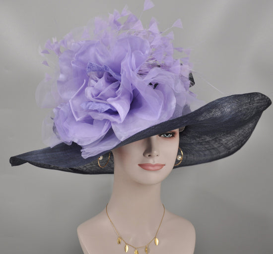 Wide Brim Sinamay Derby Hat: Navy Blue Feather & Silk Flower