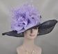 Wide Brim Sinamay Derby Hat: Navy Blue Feather & Silk Flower
