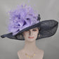 Wide Brim Sinamay Derby Hat: Navy Blue Feather & Silk Flower