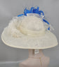 Ivory Sinamay Kentucky Derby Hat: Royal Blue Feather Flower, Wide Brim