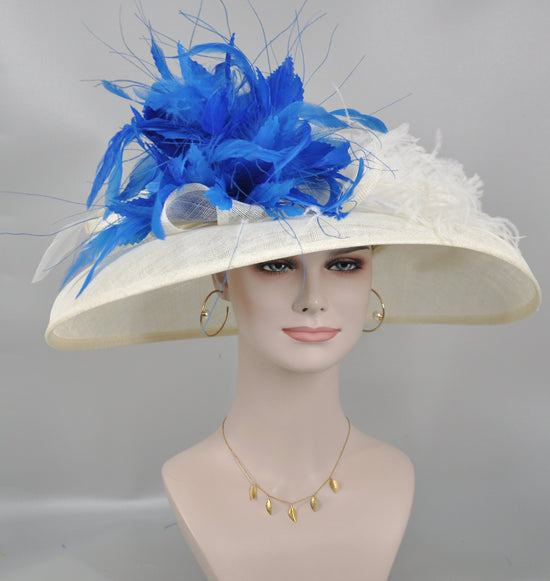 Ivory Sinamay Kentucky Derby Hat: Royal Blue Feather Flower, Wide Brim