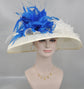 Ivory Sinamay Kentucky Derby Hat: Royal Blue Feather Flower, Wide Brim