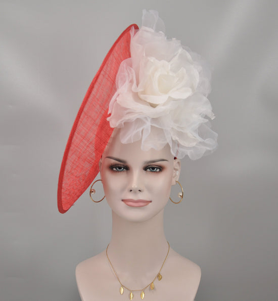 Red Sinamay Derby Hat: White Silk Flower Fascinator (16.14" Diameter)