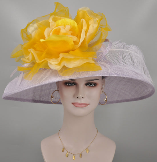 Lilac Sinamay Derby Hat: Yellow Silk Flower, Ostrich Feather