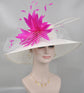 Wide Brim Sinamay Hat Church Kentucky Derby Hat Carriage Tea Party Wedding Hat Royal Ascot Horse Race Oaks day hatWhite w Fuchsia/Hot Pink