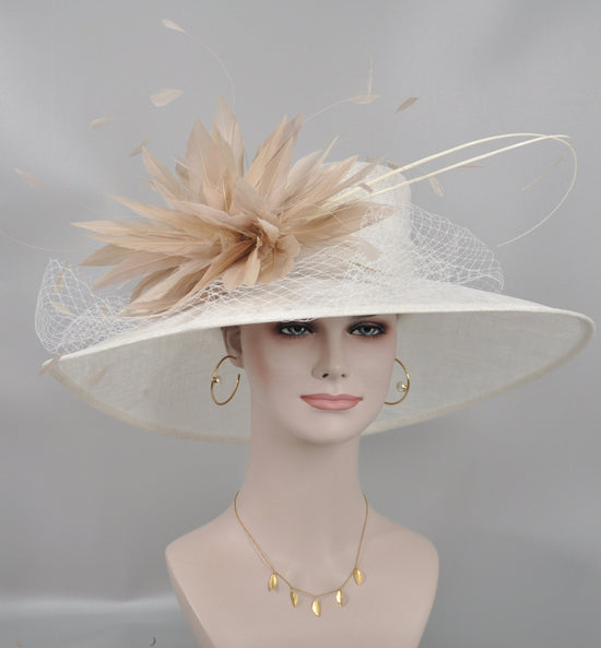 Wide Brim Sinamay Derby Hat: Feather Flower Wedding Ascot Hat