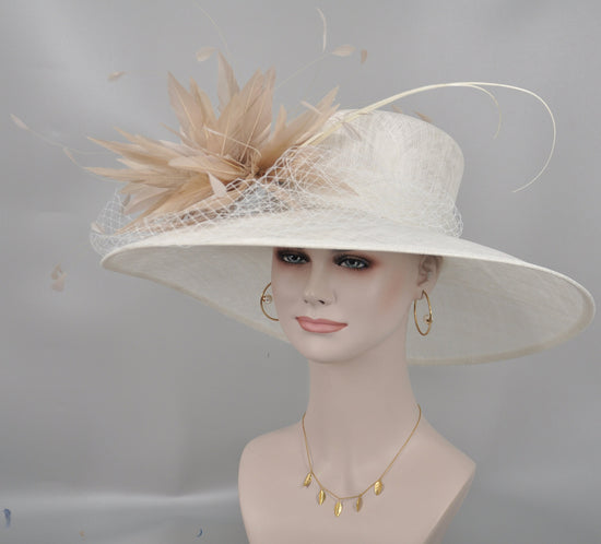 Wide Brim Sinamay Derby Hat: Feather Flower Wedding Ascot Hat