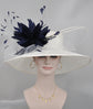 Wide Brim Sinamay Kentucky Derby Hat: White & Navy Feather Flower