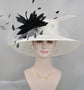Wide Brim Sinamay Derby Hat: White with Black Feather Flower