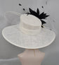 Wide Brim Sinamay Derby Hat: White with Black Feather Flower