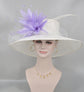 Wide Brim Sinamay Kentucky Derby Hat: White with Lavender Feather Flower