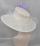 Wide Brim Sinamay Kentucky Derby Hat: White with Lavender Feather Flower