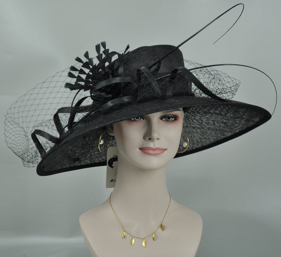Black Wide Brim Sinamay Derby Hat: Feather Flower Tea Party Hat