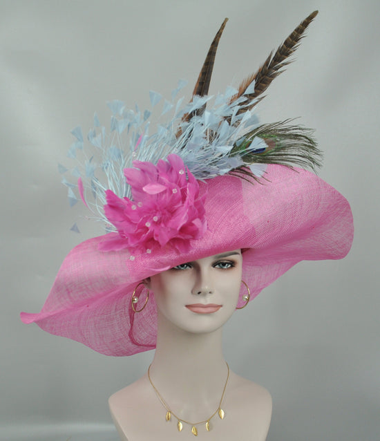 Hot Pink Sinamay Derby Hat: Feather Flower Wide Brim Occasion Hat