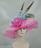 Hot Pink Sinamay Derby Hat: Feather Flower Wide Brim Occasion Hat