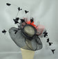 Black Sinamay Kentucky Derby Hat: Coral Pink Bow & Feather Flowers