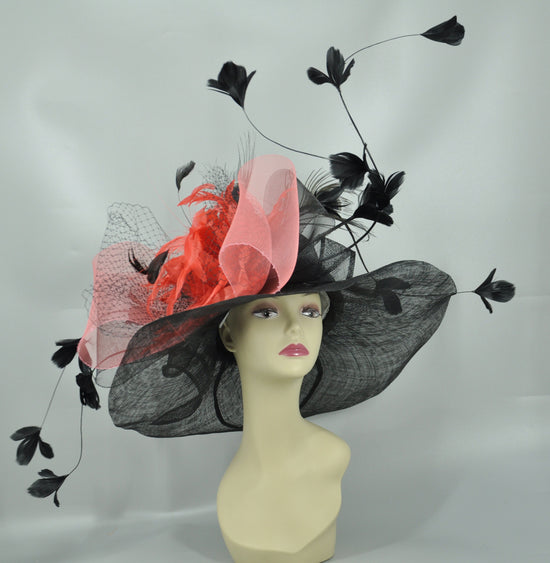 Black Sinamay Kentucky Derby Hat: Coral Pink Bow & Feather Flowers