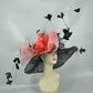 Black Sinamay Kentucky Derby Hat: Coral Pink Bow & Feather Flowers