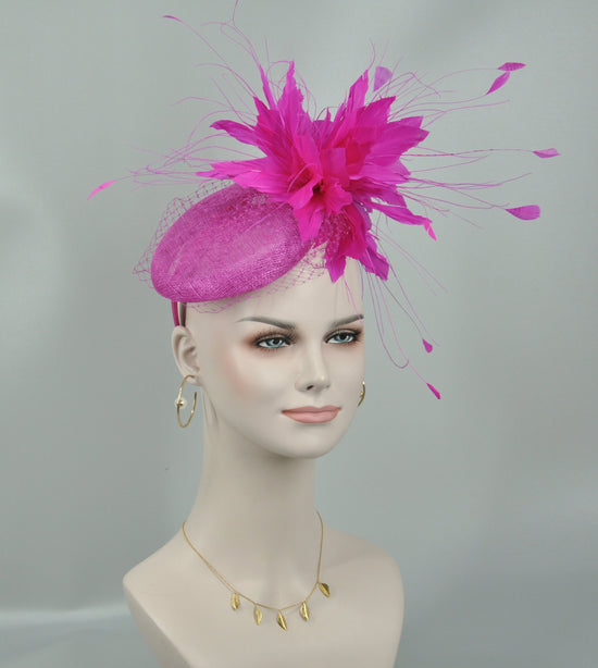 Hot Pink Sinamay Fascinator Hat: Feather Flower Headband