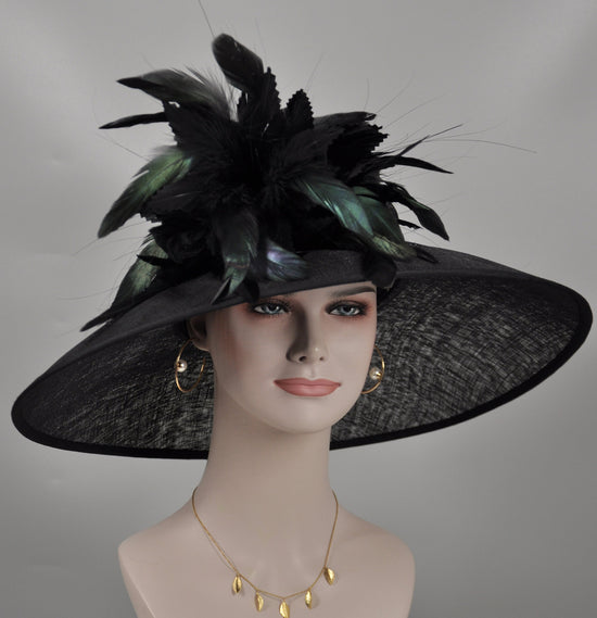 Church Kentucky Derby HatCarriage Tea Party Wedding Wide Brim  Royal Sinamay Hat Black