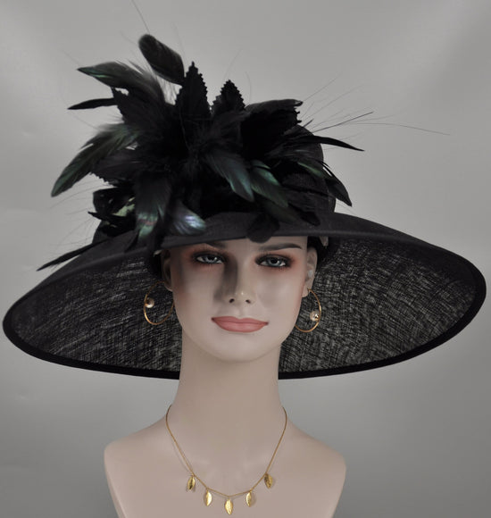 Church Derby HatCarriage Tea Party Wedding Wide Brim  Royal Sinamay Hat Black