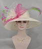 Wide Brim Kentucky Derby Hat, Ascot Hat for Wedding & Tea Party, Garden Party Hat,Mother of the Bride, Church Ivory/Off White Hot Pink Green
