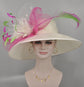Wide Brim Kentucky Derby Hat, Ascot Hat for Wedding & Tea Party, Garden Party Hat,Mother of the Bride, Church Ivory/Off White Hot Pink Green