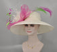 Wide Brim Kentucky Derby Hat, Ascot Hat for Wedding & Tea Party, Garden Party Hat,Mother of the Bride, Church Ivory/Off White Hot Pink Green