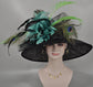 Black Sinamay Derby Hat: Turquoise Feather Flower & Peacock Feathers