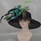 Black Sinamay Derby Hat: Turquoise Feather Flower & Peacock Feathers