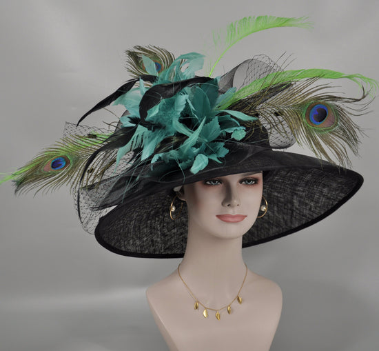 Black Sinamay Derby Hat: Turquoise Feather Flower & Peacock Feathers