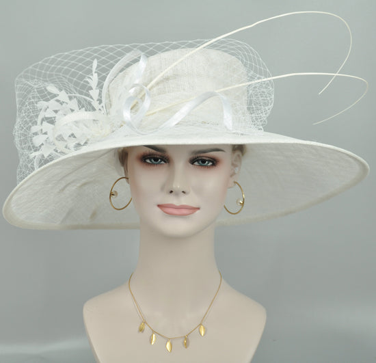 White Wide Brim Sinamay Derby Hat: Feather Flower Wedding