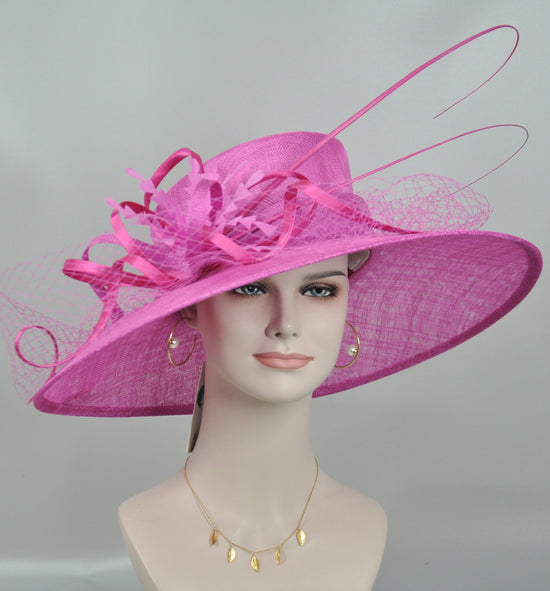 Fuchsia Sinamay Wide Brim Hat: Kentucky Derby Church Wedding
