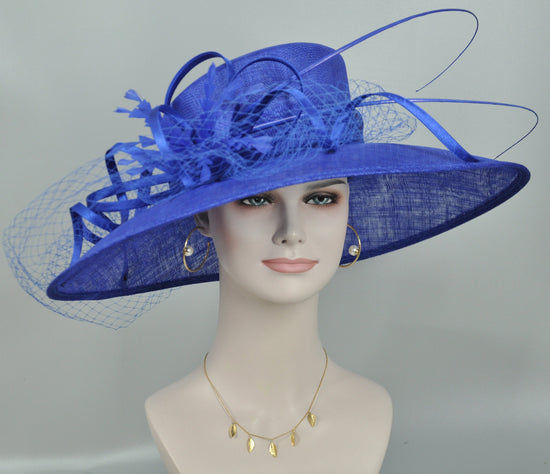 Royal Blue Sinamay Wide Brim Hat: Kentucky Derby Church Wedding