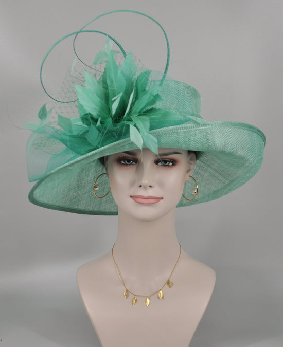 Sinamay Derby Hat: Feather Flower Church Wedding Tea Party
