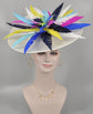 White w Colorful Feather Flower Sinamay Disc Fascinator Hat