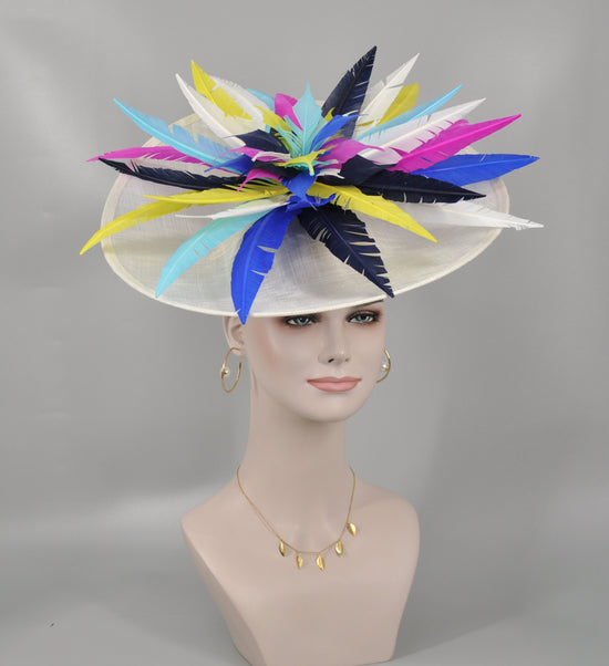 White w Colorful Feather Flower Sinamay Disc Fascinator Hat
