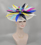 White w Colorful Feather Flower Sinamay Disc Fascinator Hat